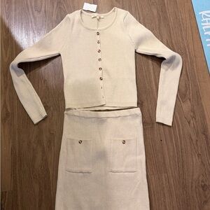 Cream Ribbed Knit Cardigan and Skirt Set